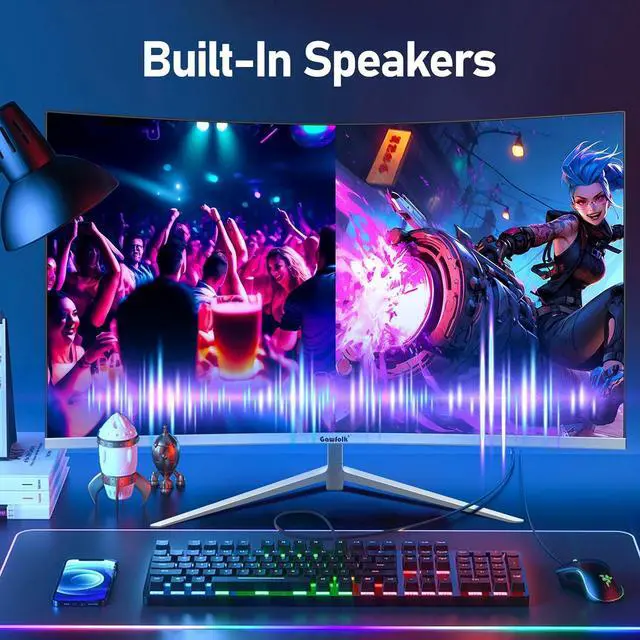 Alt view image 4 of 7 - Gawfolk - GF270H 27-inch Monitor Screen 100HZ Built-in Speakers FHD 1080P Below Bezel Computer Monitor, VA , SRGB 100%, VGA, HDMI, Eye Protection, Compatible with Wall Mounting Curvature 1800R White