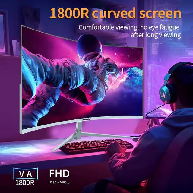 Alt view image 6 of 7 - Gawfolk - GF270HB 27-inch Monitor Screen 100HZ Built-in Speakers FHD 1080P Below Bezel Computer Monitor, VA , SRGB 100%, VGA, HDMI, Eye Protection, Compatible with Wall Mounting Curvature 1800R White