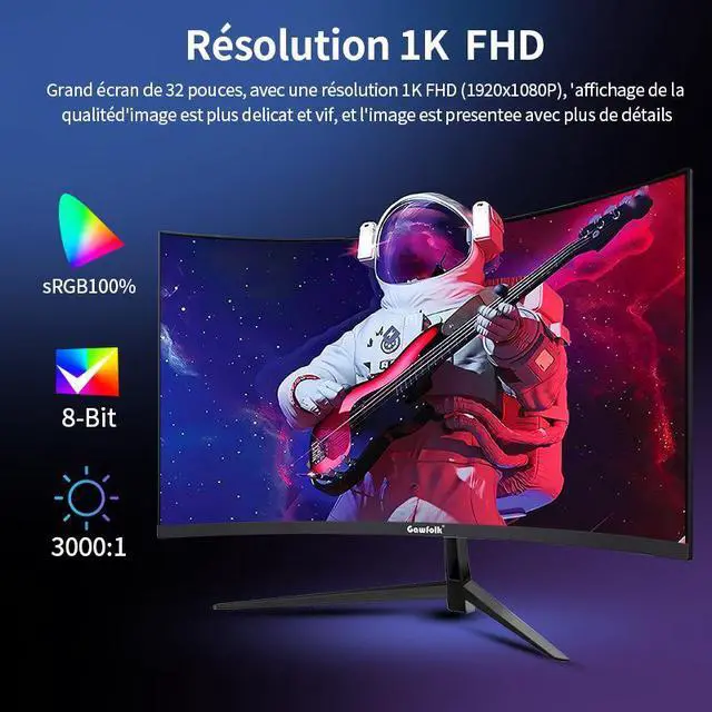 Alt view image 4 of 7 - Gawfolk 32-inch Curved Gaming Monitor, 240Hz, 1800R PC Monitor, Full HD 1080P, Frameless Computer Monitor with Freesync and Eye Protection Technology, Wall Mountable Compatible with Xbox/PS