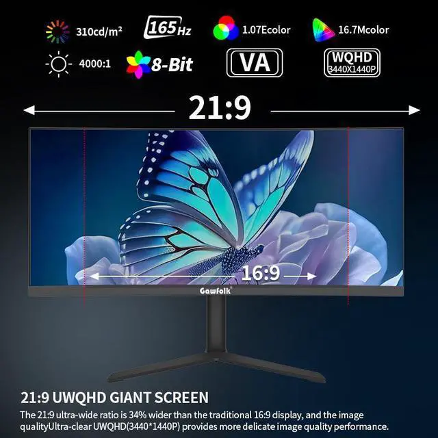Alt view image 2 of 7 - GAWFOLK 34" Gaming monitor Ultrawide UWQHD 2K 1440P (Quasi 4K) 165Hz with AMD FreeSync & G-Sync 1ms 3800R Curved PC Monitor,DP&HDMI, VESA, HDR10,PIP/PBP,with Built-in Speakers