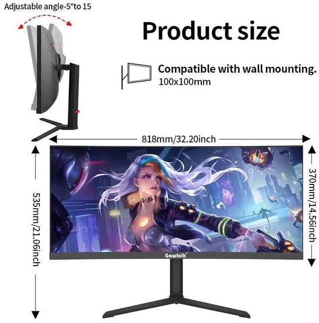 Alt view image 7 of 7 - GAWFOLK 34" Gaming monitor Ultrawide UWQHD 2K 1440P (Quasi 4K) 165Hz with AMD FreeSync & G-Sync 1ms 3800R Curved PC Monitor,DP&HDMI, VESA, HDR10,PIP/PBP,with Built-in Speakers