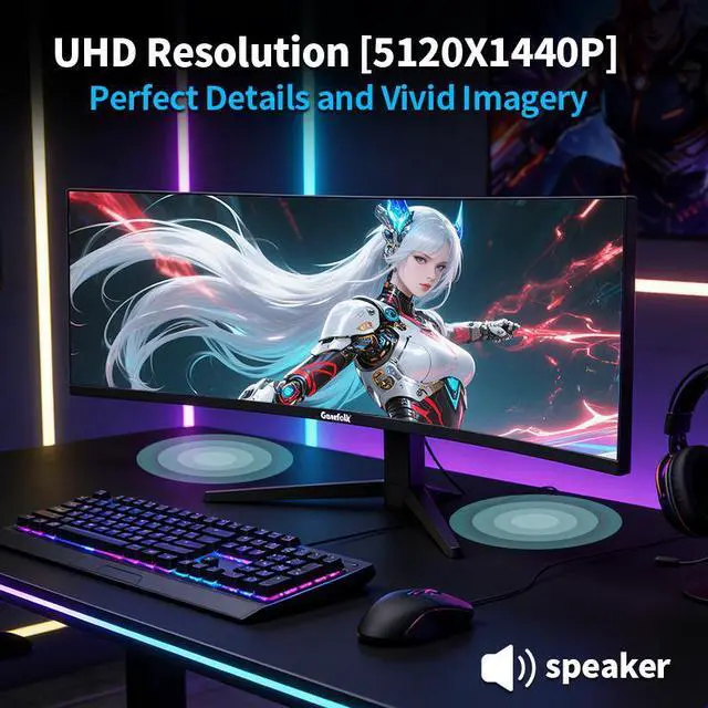 Alt view image 3 of 6 - Gawfolk 49 Inch Curved Gaming Monitor, 5120x1440 Dual QHD, 120Hz, 1500R, with Built-in Speakers,AMD FreeSync & G-Sync 1ms, 32:9,RGB,Computer Screen for Multitasking