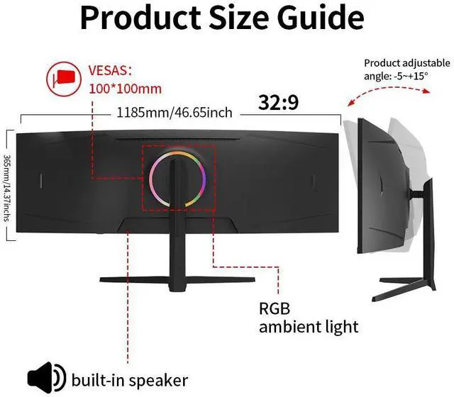 Alt view image 6 of 6 - Gawfolk 49 Inch Curved Gaming Monitor, 5120x1440 Dual QHD, 120Hz, 1500R, with Built-in Speakers,AMD FreeSync & G-Sync 1ms, 32:9,RGB,Computer Screen for Multitasking