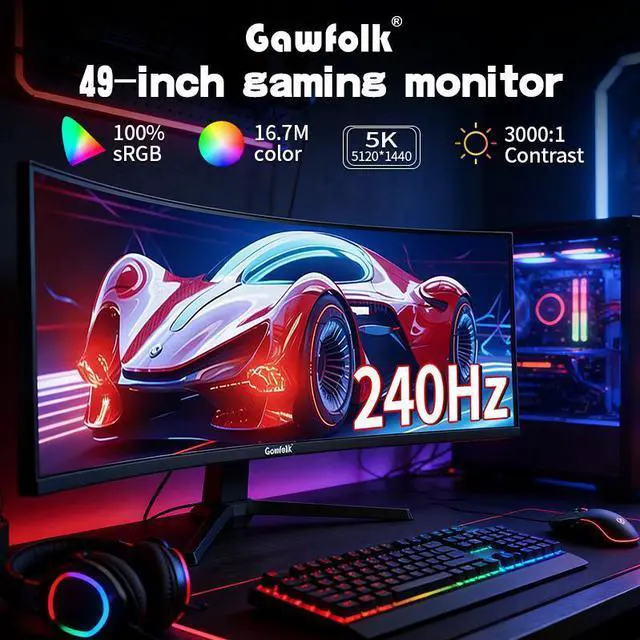 Alt view image 3 of 7 - Gawfolk 49 Inch Ultrawide Curved Gaming Monitor, 1500R DQHD 5120×1440 PC Screen, 240Hz ,PIP/PBP,RGB,with AMD FreeSync & G-Sync, 1ms ,Height Adjustable Ultra-Wide Computer Screen