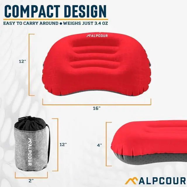 Alt view image 2 of 6 - Alpcour Camping Pillow  Large, Inflatable, Ultralight Sleeping Pillow with Easy Blow Up Design, Soft Waterproof Exterior Cover and Compact Carry Case for Hiking, Backpacking, Airplane Travel & More