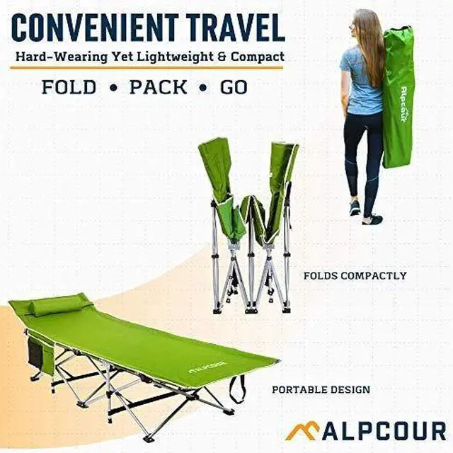 Alt view image 2 of 14 - Alpcour Folding Camping Cot Deluxe Collapsible Single Person Bed in a Bag w/Pillow for Indoor & Outdoor Use Ultra Lightweight, Comfortable, Heavy Duty Design Holds Adults & Kids Up to 300 Lbs