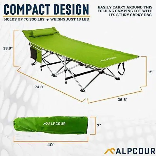Alt view image 3 of 14 - Alpcour Folding Camping Cot Deluxe Collapsible Single Person Bed in a Bag w/Pillow for Indoor & Outdoor Use Ultra Lightweight, Comfortable, Heavy Duty Design Holds Adults & Kids Up to 300 Lbs