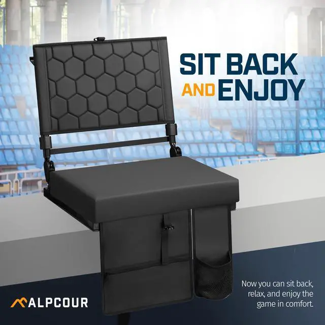 Alt view image 2 of 7 - Extra Wide Folding Reclining Stadium Seat with Back Suppot for Bleachers, Bleacher Hooks, Thick Cushion, Cup Holder, Storage Pockets  Portable Chair for Kayak, Canoe, Paddle Board, Concerts, & Sports