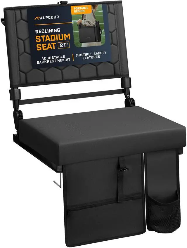 Main image of Extra Wide Folding Reclining Stadium Seat with Back Suppot for Bleachers, Bleacher Hooks, Thick Cushion, Cup Holder, Storage Pockets  Portable Chair for Kayak, Canoe, Paddle Board, Concerts, & Sports