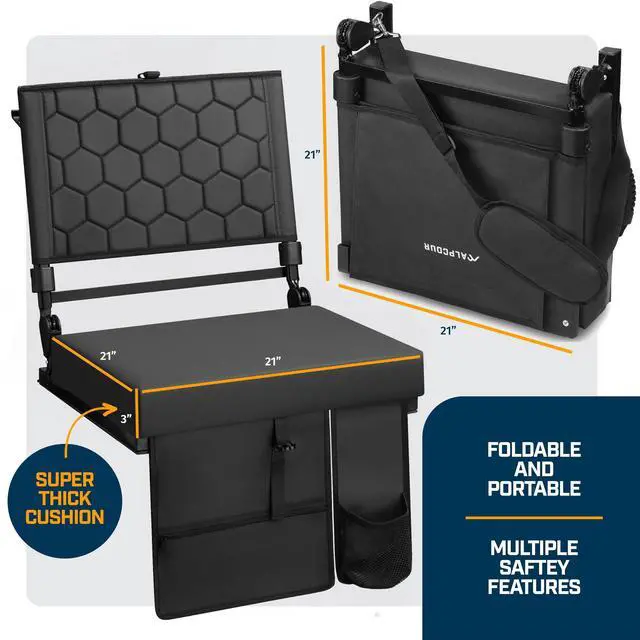Alt view image 6 of 7 - Extra Wide Folding Reclining Stadium Seat with Back Suppot for Bleachers, Bleacher Hooks, Thick Cushion, Cup Holder, Storage Pockets  Portable Chair for Kayak, Canoe, Paddle Board, Concerts, & Sports