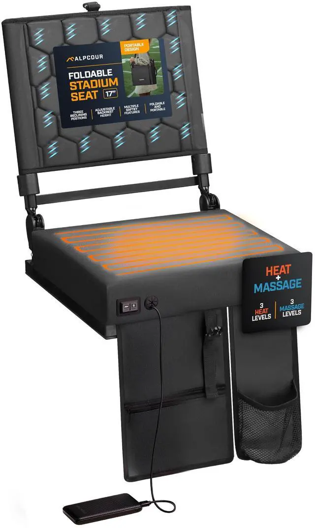Main image of Alpcour Foldable Reclining Heated Massage Stadium Seat with Multiple Pockets, Anti-Slip Bottom, Bleacher Hooks, Bag Hook, Adjustable Height