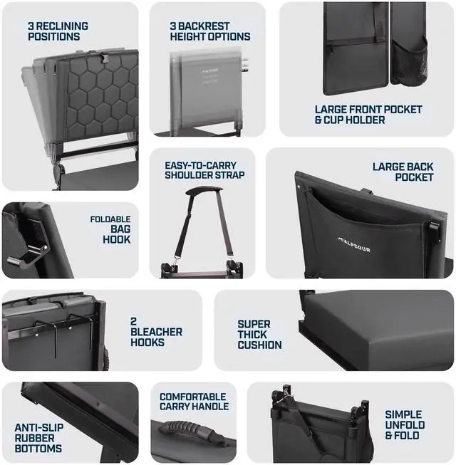 Alt view image 5 of 7 - Alpcour Foldable Reclining Heated Massage Stadium Seat with Multiple Pockets, Anti-Slip Bottom, Bleacher Hooks, Bag Hook, Adjustable Height