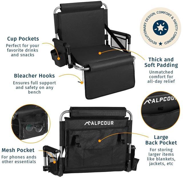 Alt view image 3 of 7 - Alpcour Folding Stadium Seat with Back Support  Deluxe Waterproof Cushion Chair for Bleachers w/Arm Rests, Storage Pockets, Cup Holder & Shoulder Straps for Superior Support & Comfort