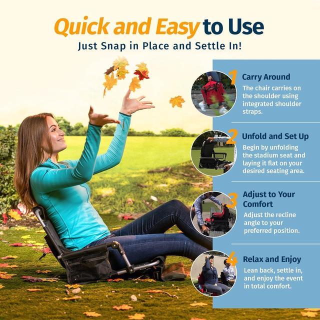 Alt view image 2 of 7 - Alpcour Folding Stadium Seat with Back Support  Deluxe Waterproof Cushion Chair for Bleachers w/Arm Rests, Storage Pockets, Cup Holder & Shoulder Straps for Superior Support & Comfort