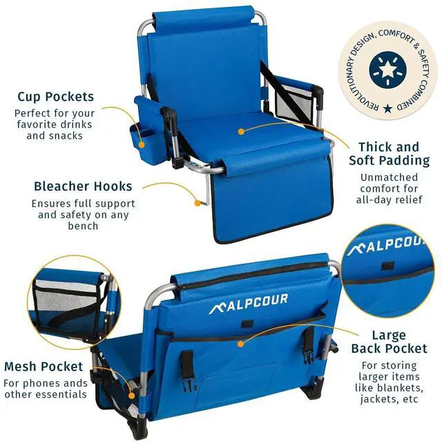 Alt view image 3 of 7 - Alpcour Folding Stadium Seat with Back Support  Deluxe Waterproof Cushion Chair for Bleachers w/Arm Rests, Storage Pockets, Cup Holder & Shoulder Straps for Superior Support & Comfort