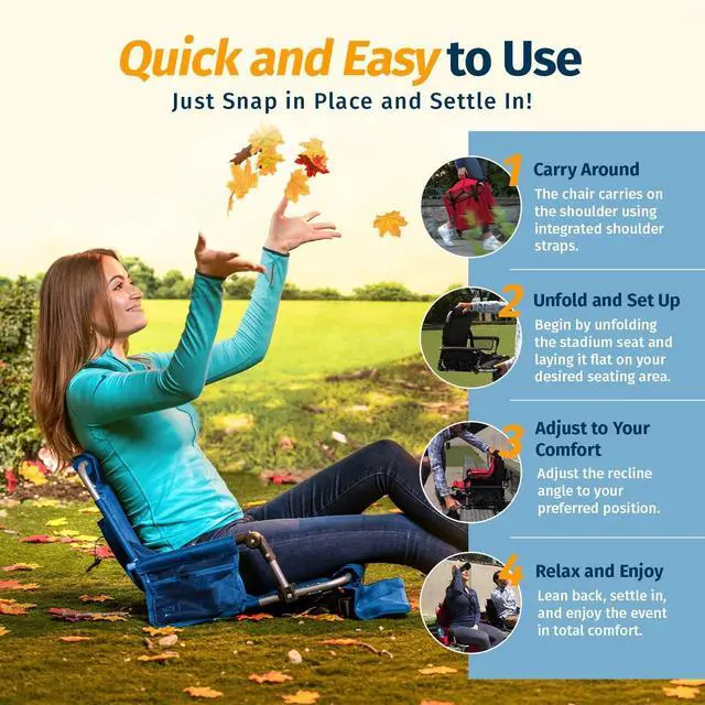 Alt view image 2 of 7 - Alpcour Folding Stadium Seat with Back Support  Deluxe Waterproof Cushion Chair for Bleachers w/Arm Rests, Storage Pockets, Cup Holder & Shoulder Straps for Superior Support & Comfort