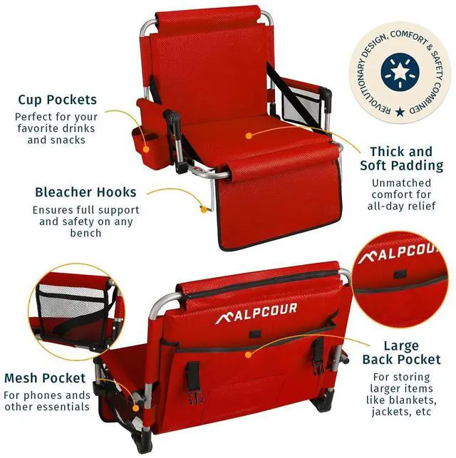 Alt view image 3 of 7 - Alpcour Folding Stadium Seat with Back Support  Deluxe Waterproof Cushion Chair for Bleachers w/Arm Rests, Storage Pockets, Cup Holder & Shoulder Straps for Superior Support & Comfort