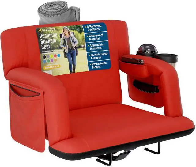 Main image of Reclining Stadium Seats for Bleachers with Back Support  Wide Bleacher Chair Cushion, Armrests, Large Pockets, and Multiple Safety Features  Best Stadium Seat Chairs for Camping, Kayak Backs & More