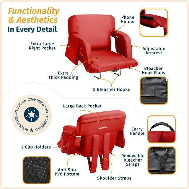 Alt view image 3 of 7 - Reclining Stadium Seats for Bleachers with Back Support  Wide Bleacher Chair Cushion, Armrests, Large Pockets, and Multiple Safety Features  Best Stadium Seat Chairs for Camping, Kayak Backs & More