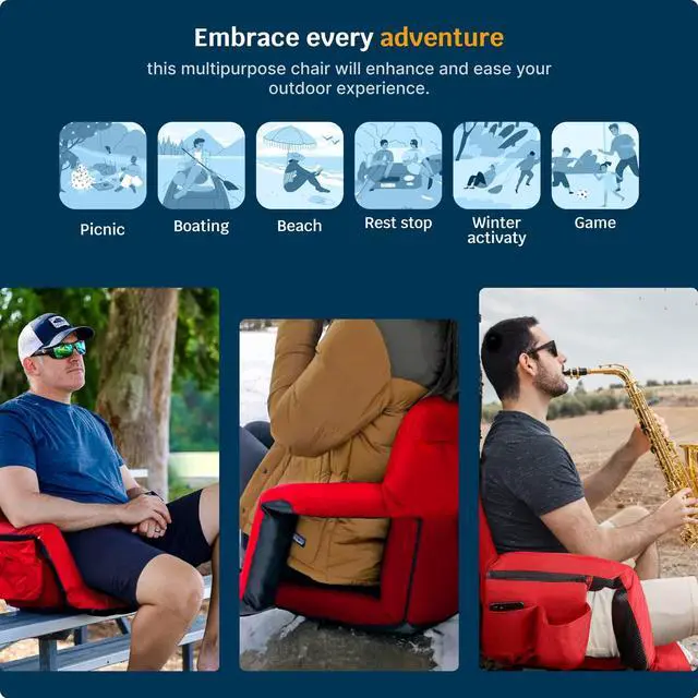 Alt view image 6 of 7 - Reclining Stadium Seats for Bleachers with Back Support  Wide Bleacher Chair Cushion, Armrests, Large Pockets, and Multiple Safety Features  Best Stadium Seat Chairs for Camping, Kayak Backs & More