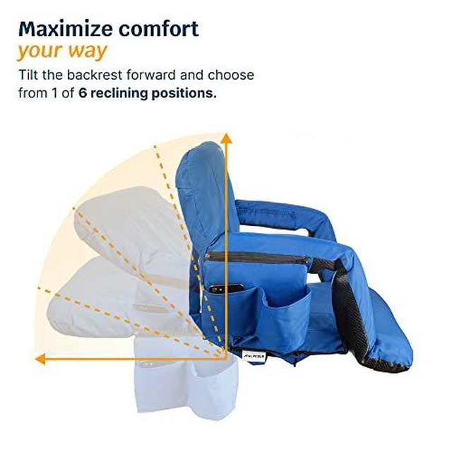 Reclining Stadium Seat With Back Support - Bleacher Chair With Cup Holders & Pockets For Sports & Camping