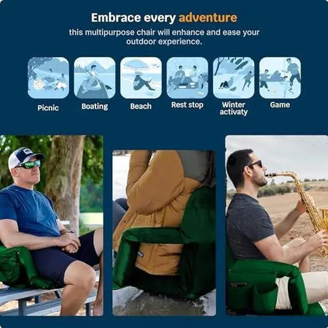 Alt view image 7 of 7 - Reclining Stadium Seats for Bleachers with Back Support  Wide Bleacher Chair Cushion, Armrests, Large Pockets, and Multiple Safety Features  Best Stadium Seat Chairs for Camping, Kayak Backs & More