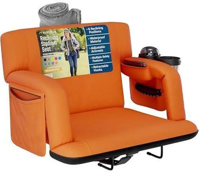 Main image of Reclining Stadium Seats for Bleachers with Back Support  Wide Bleacher Chair Cushion, Armrests, Large Pockets, and Multiple Safety Features  Best Stadium Seat Chairs for Camping, Kayak Backs & More