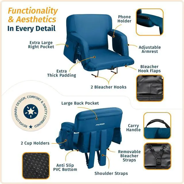 Alt view image 3 of 7 - Reclining Stadium Seats for Bleachers with Back Support  Wide Bleacher Chair Cushion, Armrests, Large Pockets, and Multiple Safety Features  Best Stadium Seat Chairs for Camping, Kayak Backs & More