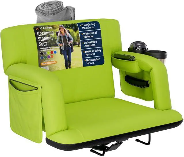 Main image of Reclining Stadium Seats for Bleachers with Back Support  Wide Bleacher Chair Cushion, Armrests, Large Pockets, and Multiple Safety Features  Best Stadium Seat Chairs for Camping, Kayak Backs & More