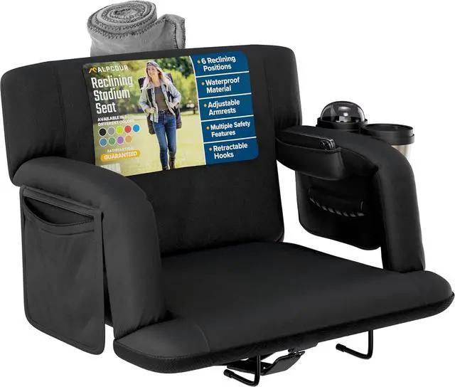 Main image of Reclining Stadium Seats for Bleachers with Back Support  Wide Bleacher Chair Cushion, Armrests, Large Pockets, and Multiple Safety Features  Best Stadium Seat Chairs for Camping, Kayak Backs & More