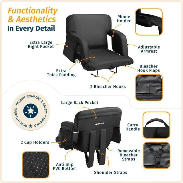 Alt view image 3 of 7 - Reclining Stadium Seats for Bleachers with Back Support  Wide Bleacher Chair Cushion, Armrests, Large Pockets, and Multiple Safety Features  Best Stadium Seat Chairs for Camping, Kayak Backs & More