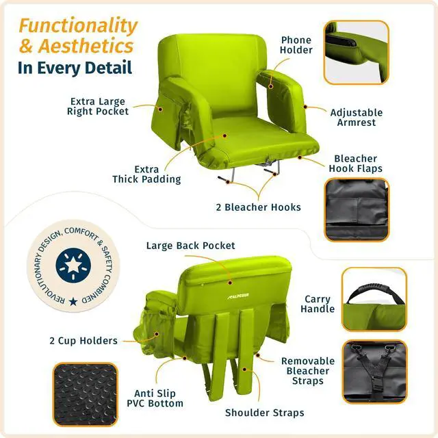 Alt view image 3 of 7 - Reclining Stadium Seats for Bleachers with Back Support  Wide Bleacher Chair Cushion, Armrests, Large Pockets, and Multiple Safety Features  Best Stadium Seat Chairs for Camping, Kayak Backs & More