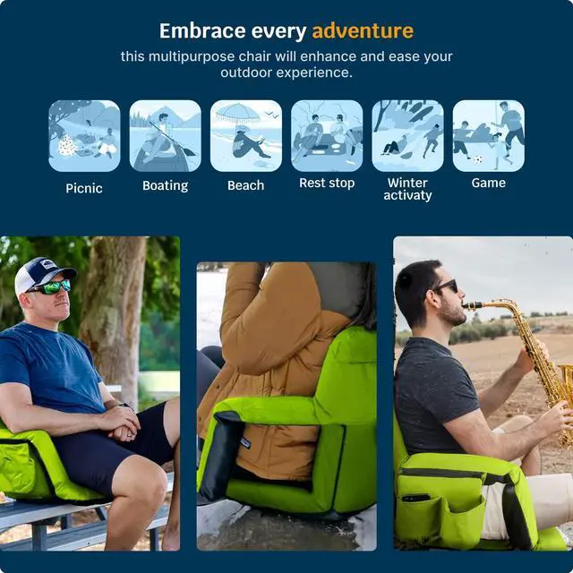 Alt view image 6 of 7 - Reclining Stadium Seats for Bleachers with Back Support  Wide Bleacher Chair Cushion, Armrests, Large Pockets, and Multiple Safety Features  Best Stadium Seat Chairs for Camping, Kayak Backs & More