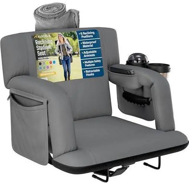 Main image of Reclining Stadium Seats for Bleachers with Back Support  Wide Bleacher Chair Cushion, Armrests, Large Pockets, and Multiple Safety Features  Best Stadium Seat Chairs for Camping, Kayak Backs & More