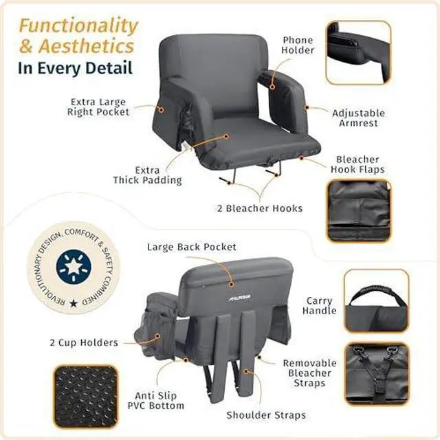 Alt view image 3 of 7 - Reclining Stadium Seats for Bleachers with Back Support  Wide Bleacher Chair Cushion, Armrests, Large Pockets, and Multiple Safety Features  Best Stadium Seat Chairs for Camping, Kayak Backs & More