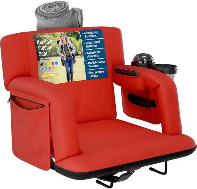 Main image of Reclining Stadium Seats for Bleachers with Back Support  Wide Bleacher Chair Cushion, Armrests, Large Pockets, and Multiple Safety Features  Best Stadium Seat Chairs for Camping, Kayak Backs & More