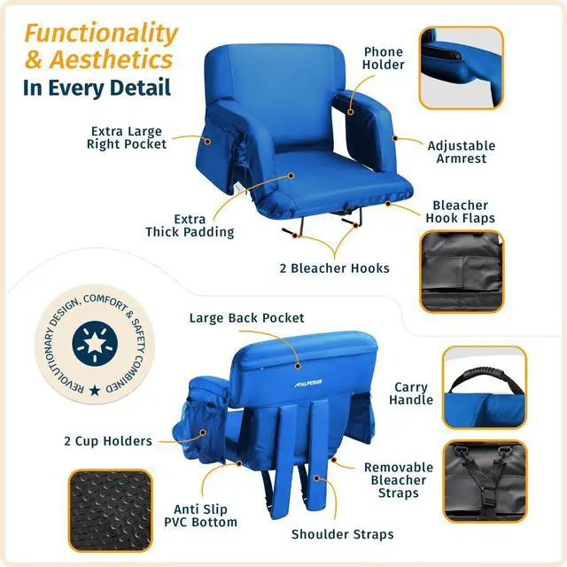 Alt view image 3 of 7 - Reclining Stadium Seats for Bleachers with Back Support  Wide Bleacher Chair Cushion, Armrests, Large Pockets, and Multiple Safety Features  Best Stadium Seat Chairs for Camping, Kayak Backs & More
