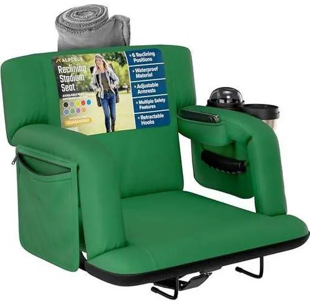 Main image of Reclining Stadium Seats for Bleachers with Back Support  Wide Bleacher Chair Cushion, Armrests, Large Pockets, and Multiple Safety Features  Best Stadium Seat Chairs for Camping, Kayak Backs & More