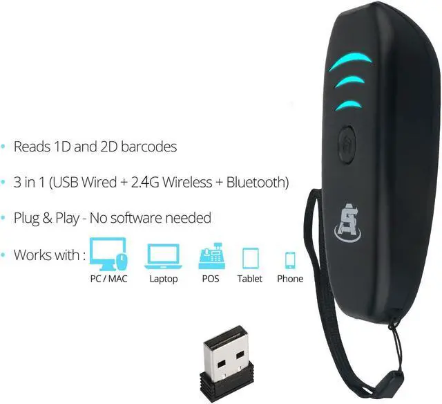 Alt view image 4 of 7 - ScanAvenger Portable Mini-Wireless Bluetooth Barcode Scanner: Hand Scanners - Cordless, Rechargeable 1D & 2D Scan Gun for Inventory Management - Wireless, Handheld USB QR