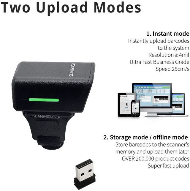 Alt view image 5 of 7 - ScanAvenger 1D 2D QR Ring Barcode Scanner  Wearable Mini Bluetooth Wireless Finger Reader, USB & 2.4GHz, Compatible with iOS, Android, Windows, for Warehouse, Store & Inventory Use