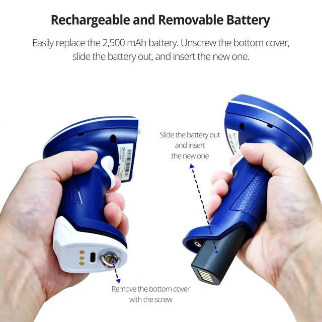 Alt view image 2 of 7 - 1D and 2D Portable Wireless Bluetooth Barcode Scanner: 3-in-1 - Cordless Scan Gun with Rechargeable, Replaceable Battery for Inventory Management - Wireless, Handheld, USB Bar Code/QR Code Reader