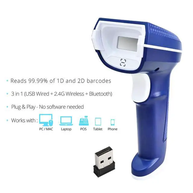 Alt view image 3 of 7 - 1D and 2D Portable Wireless Bluetooth Barcode Scanner: 3-in-1 - Cordless Scan Gun with Rechargeable, Replaceable Battery for Inventory Management - Wireless, Handheld, USB Bar Code/QR Code Reader