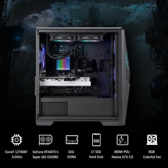Alt view image 6 of 7 - Ningmei Gaming PC Desktop Intel  i7 12700KF 5.0 GHz CPU, GeForce RTX 4070TI SUPER, 1TB NVME SSD, 32GB DDR4 RAM, 800W PSU, 240mm Liquid Cooler, 4ARGB Fans,Windows 11 Home 64-bit WIFIGaming Desktop