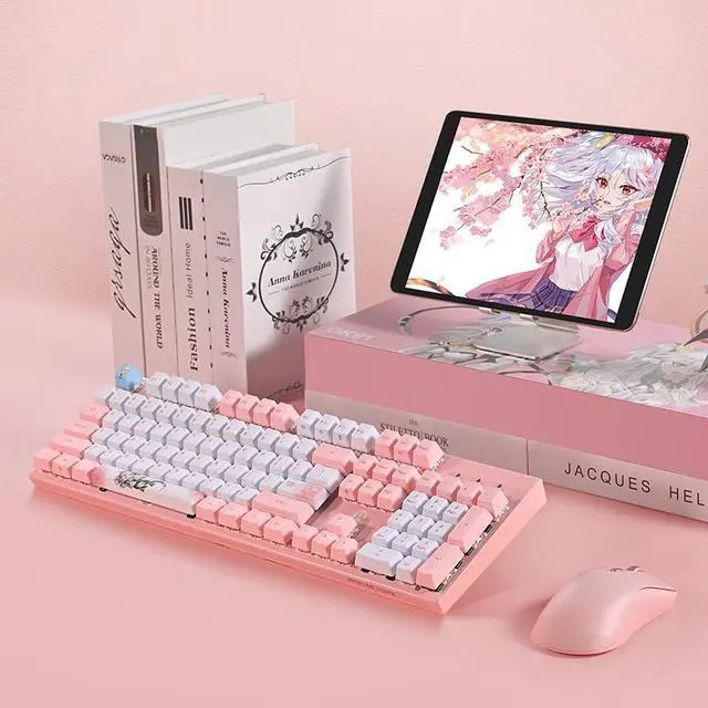 Alt view image 4 of 7 - NINGMEI Gk91 Gaming Mechanical Keyboard With Black Switch, Pink Wired Keyboard 104-key Full Anti-ghosting Pbt Keycap, Suitable For Gaming And Office