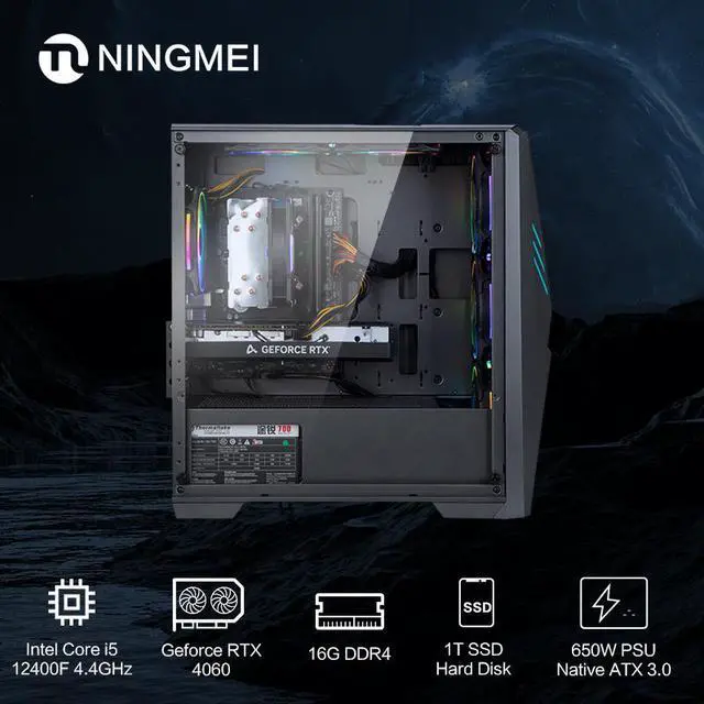 Alt view image 6 of 7 - Ningmei Gaming PC Desktop Intel Core i5 12400F 2.5 GHz CPU, GeForce RTX 4060, 1TB NVME SSD, 16GB DDR4 RAM 3200MHz, 600W PSU, Windows 11 Home 64-bit- WIFI- Gaming Desktop
