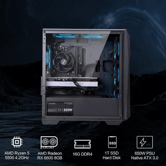 Alt view image 6 of 7 - Ningmei Gaming PC Desktop, AMD Ryzen 5 5500 4.2GHz, AMD RX 6600 8GB, 6RGB Fans, 16GB DDR4 3200MHz , 1TB SSD NVMe , 650W PSU,  11AC Wi-Fi,  Windows 11 Home 64-bit, gaming pc