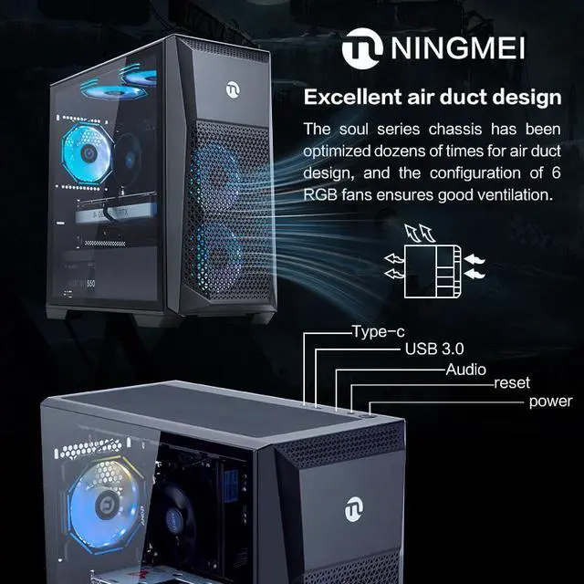 Alt view image 4 of 7 - Ningmei Gaming PC Desktop, AMD Ryzen 5 5500 4.2GHz, AMD RX 6600 8GB, 6RGB Fans, 16GB DDR4 3200MHz , 1TB SSD NVMe , 650W PSU,  11AC Wi-Fi,  Windows 11 Home 64-bit, gaming pc