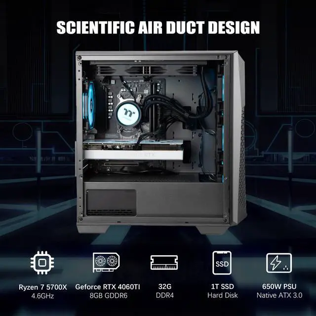 Alt view image 4 of 7 - Ningmei Gaming PC Desktop, Ryzen7 5700X 4.6GHz, NVIDIA RTX4060ti , 32GB DDR4 1TB SSD NVMe , 240mm Liquid Cooler, 4RGB Fans, 600W PSU, 11AC Wi-Fi, Windows 11 Home 64-bit,gaming pc