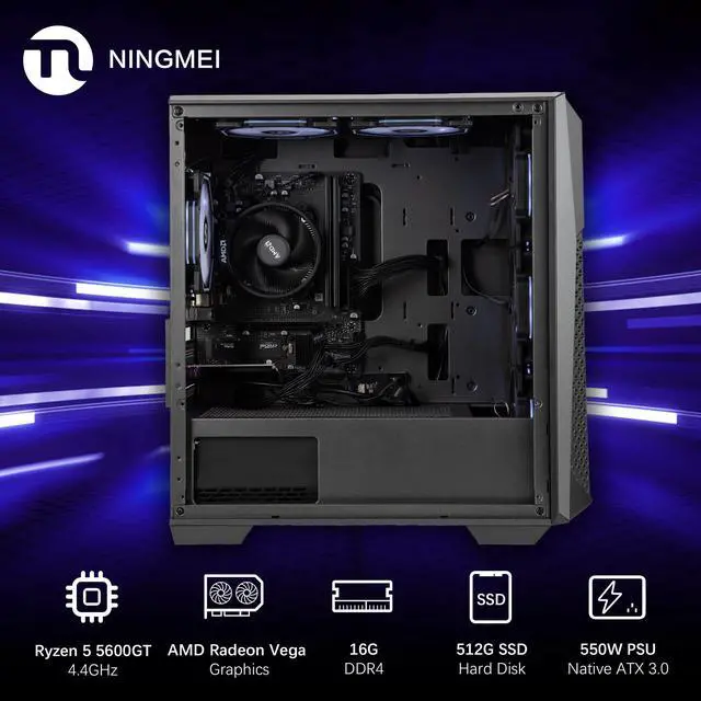 Alt view image 6 of 7 - Ningmei Soul Gaming PC Desktop, AMD Ryzen 5 5600GT 6 core 3.6GHz (up to 4.6GHz), 16GB DDR4 RAM 3200MHz, 512 GB NVME SSD, 550W PSU, Game Design Office Platform, Wi-Fi, Windows 11 Tower Prebuilt PC