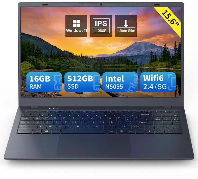 Main image of Ningmei  NL100P Laptop Computer,  15.6 Inch Notebook with Intel Quad-Core N5095(Up to 2.9GHz), 16GB DDR4 512GB SSD,  BT5.2, 5G WiFi, USB3.2, Type_C, Webcam, Long Battery Life
